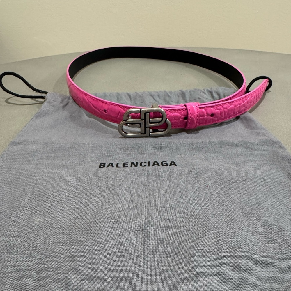 BALENCIAGA BB buckle Crocodile Embossed Leather Pink Narrow Skinny Belt Size 80 - Picture 5 of 5